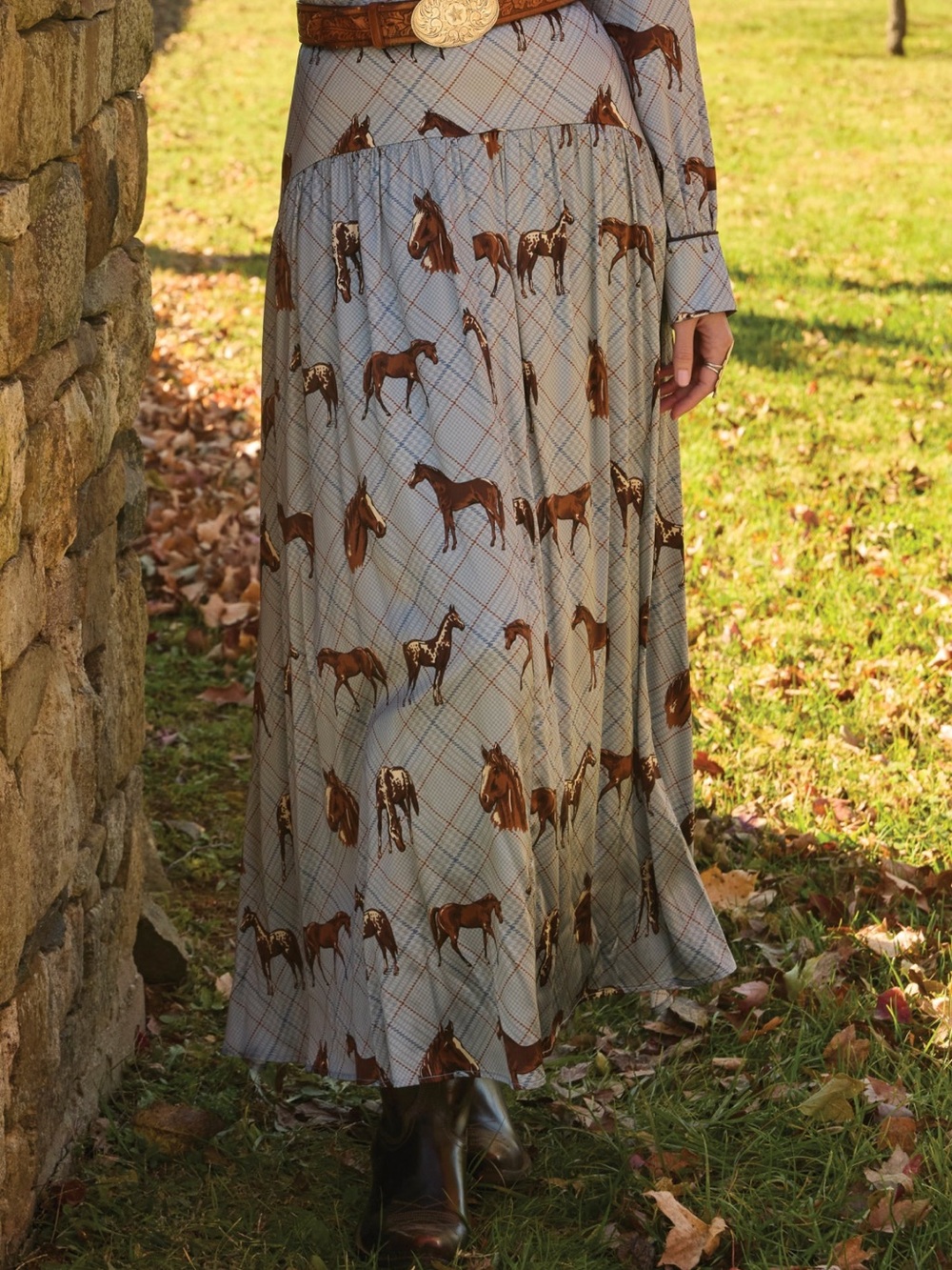 Double D Women's Horse Print Maxi Skirt in Light Blue and Brown